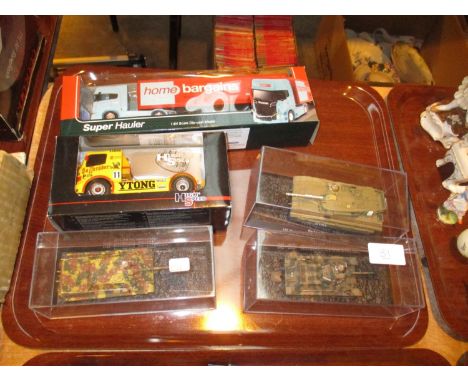 Three Model Tanks and 2 Lorries 
