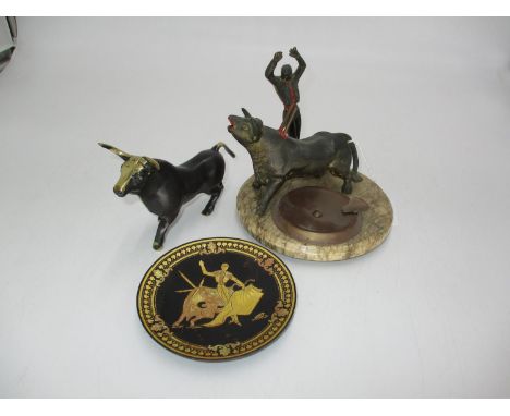 Small Bronze Bull, Matador Ash Dish and Dish 