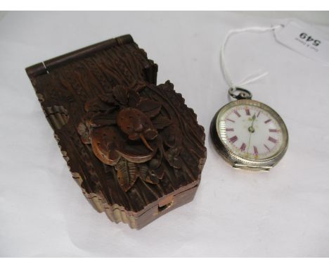 Engraved Silver Pocket Watch with Pink and White Enamel Dial with Gilt Highlights, in Carved Wood Watch Holder 