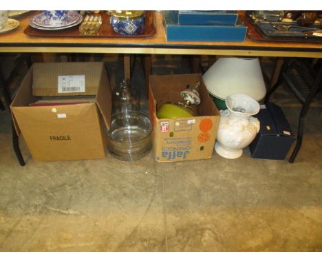 Box of LPs, Demi John, Glass Bowl, Ceiling Light, Table Lamp, Pottery Vase and 6 Grand Slam Glasses 