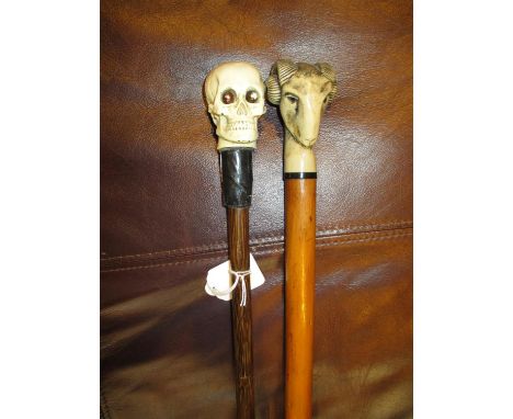 Skull and Ram Head Handle Walking Stick 