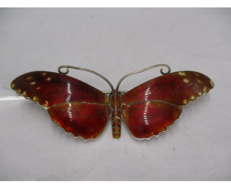 Silver and Enamel Butterfly Brooch with Reddish/Orange Wings with Cream Spots to the Tips and Brown Body, by E. A. Phillips &