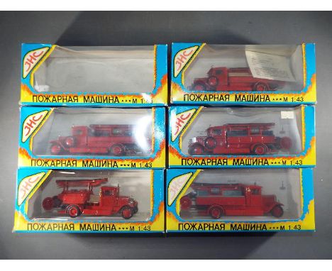 OMO 3HC - Five boxed Russian diecast model fire engines in 1:43 scale by OMO 3HC, together with one OMO empty box. Models app