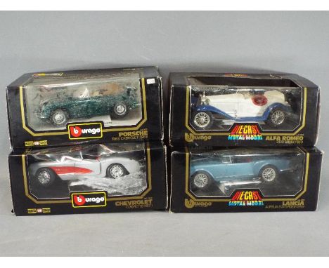 Bburago - Four boxed 1:18 scale diecast model cars by Bburago. Lot consists of # 3051 Porsche 356B Cabriolet; #3024 Chevrolet