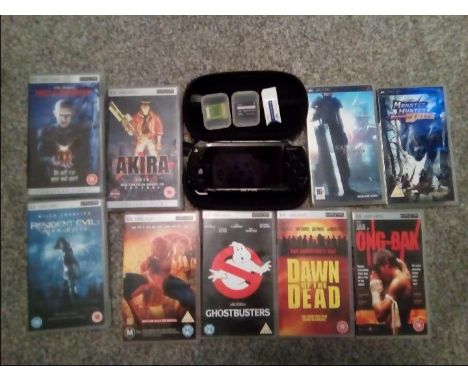 Gaming - a PSP hand-held games console with carry case and nine PSP movies (all sleeves contain correct movie)
