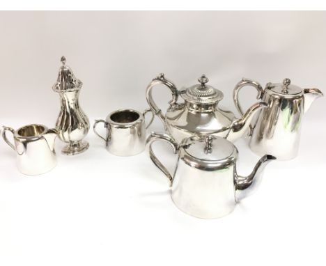A silver plated tea service and a hallmarked silver sugar sifter. Postage category C