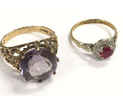 9 carat rings including one set with a amethyst stone and one set with a ruby and diamond shards. Size O and I. Total weight 