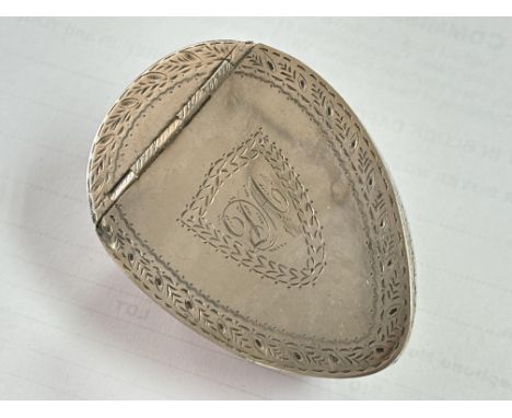 A Corrie Shell snuff box possible late 18th Century Scottish with an applied hinged silver lid engraved.