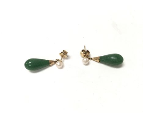 A pair of 14ct gold jade and pearl earrings.