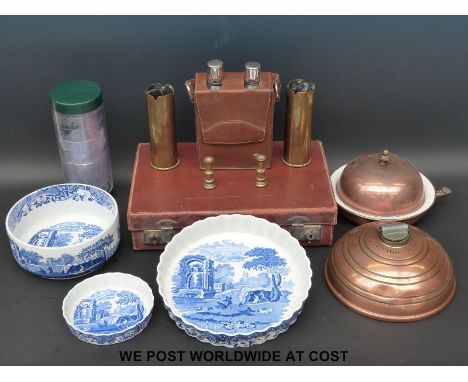 A copper 'Wafex' hot water bed warmer, copper hot food warmer, trench art shell cases, vintage leather case, Spode Blue Itali
