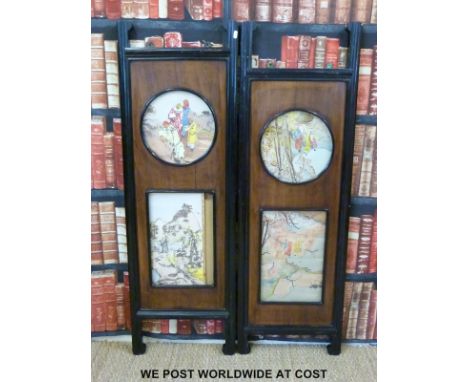 A pair of Chinese panel screens inset with watercolours (H131 x W43 each)