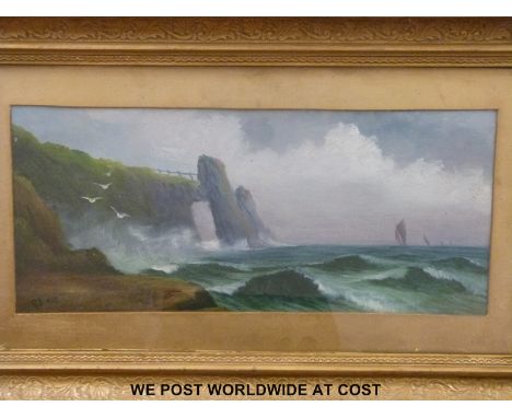 R. Burke oil on board of a seascape with cliffs (19cm x 44cm)