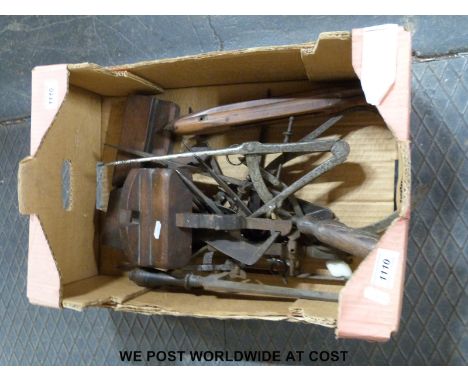 A quantity of tools to include planes, dividers etc