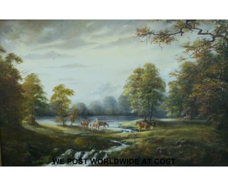 J.K. Whitton oil on canvas 'Forest Ponies' monogrammed J R W lower right (60cm x 91cm)