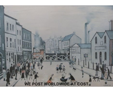 A signed L S Lowry artist proof limited edition print 'The Level Crossing' Unicorn Gallery label verso (43cm x 58cm)