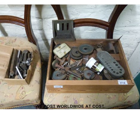 A quantity of lathe tools for Myford or similar size lathe including gearwheels, four jaw chuck, cutting tools etc