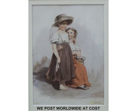 Paul Falconer Poole (1807-1879) watercolour of two young girls, monogrammed dated 1832 (17cm x 12cm)