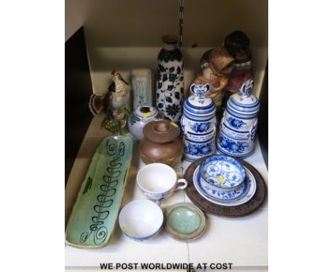 A Clay Pit pottery Ewenny vase, Carn pottery, possibly David Leach vase, large Lladro figure, Russian lidded tankards and a c