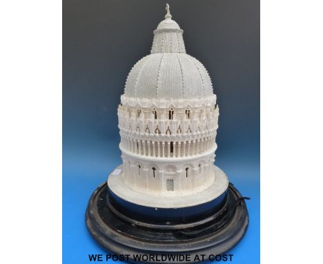 A large 19thC carved alabaster Grand Tour architectural model of The Baptistry, Pisa, under glass dome and on original stand 