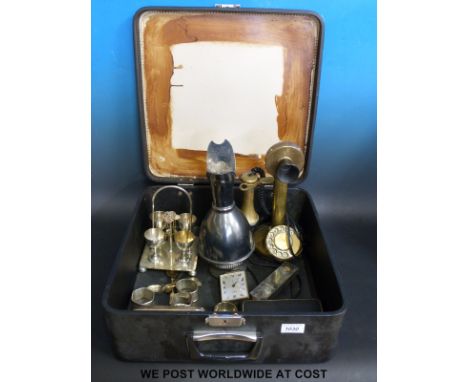 A reproduction candlestick telephone, plated cruet, plated egg set, hallmarked silver backed brush etc
