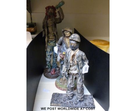 Three painted Barbola type male figures, one of a tramp, one with a hunting gun and one a miner - the latter signed C J  Eyrn