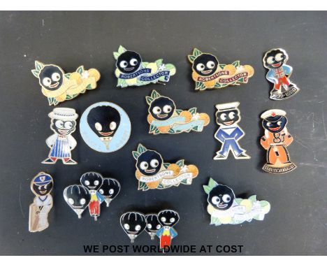 A collection of enamel Golly badges including various Robertson Collector badges, sailor, butcher