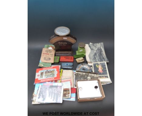 Three sets of postal scales including Autoway and Salter, Stanley Gibbons and other ephemera, photographic negatives (possibl