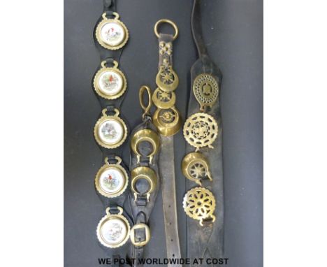 A quantity of martingales with brasses including clover leaf design, crescent with star to centre, ceramic mounted etc