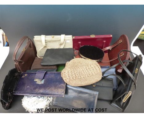 Two boxes of vintage textiles including leather handbags, furs, ties, scarves, purses etc