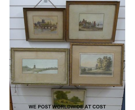 Three watercolours: Hereford Cathedral from the River Wye, signed H. Jones bottom right, (16cm x 21.5cm) seascape of a fisher