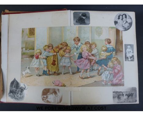 A late 19thC  /early 20thC picture album with many prints by Louis Wain,  A F Lydon and S T  Dadd, bound in half leather and 