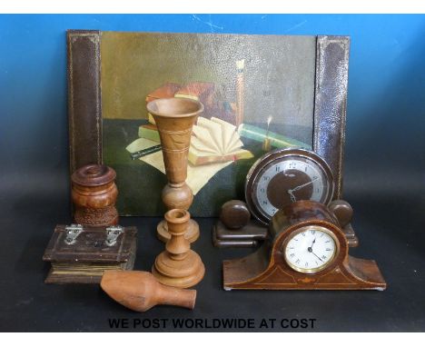 A Metamec Art Deco clock, further inlaid mantel clock, blotter and a quantity of wooden items