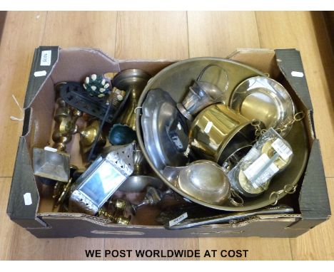 A quantity of metalware to include photograph frame, candlestick and large hanging bowl