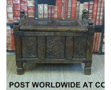 An Eastern pannelled storage trunk with lift up top and carved decoration (H57 x W80 x D39cm)