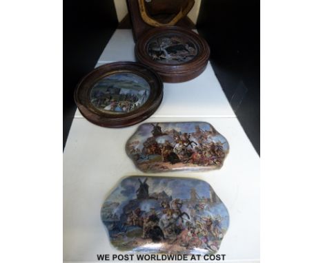 Four Prattware ceramic pot lids, three in frames, includes and two marked Wouvermann Pinx 
