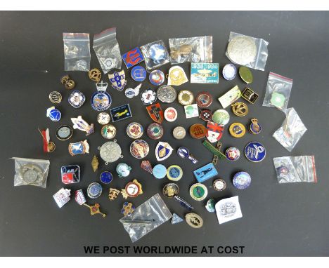 A collection of enamel badges including examples from the Freud museum, London, the Hawker Hurricane IIC, the ATC, clay pigeo