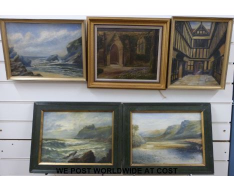 Five oils on canvas, all monogrammed E.T. comprising two architectural studies, two coastal seascapes and one of a loch scene