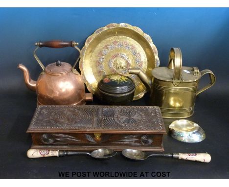 A carved box, a Toleware tea caddy, a silver and copper inlaid tray, a copper electric kettle and a brass watering can etc
