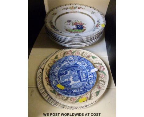 Nine Spode Lyon pattern soup plates, Spode Blue Italian, a Homemaker plate and Susie Cooper plates