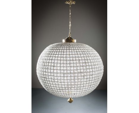 A GILT METAL AND GLASS HANGING GLOBE LIGHT, 90 x 80cms