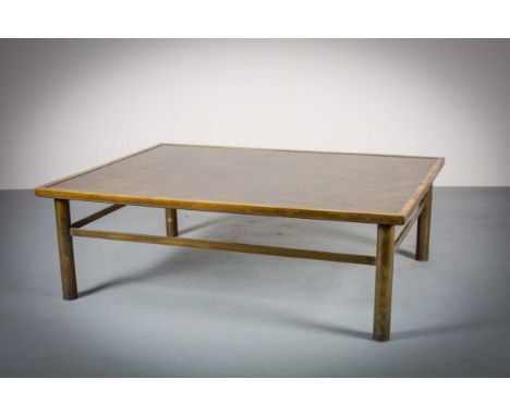 A CLASSICAL COFFEE TABLE, BY PHILIP AND KELVIN LAVERNE, 1972, acid etched and patinated brass, over pewter and wood, 122cm (w