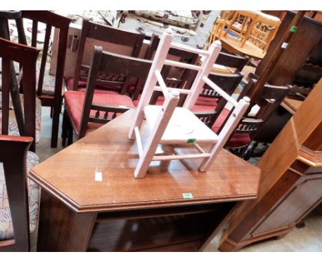 A child's chair, a corner TV stand, a yew veneered standing corner cupboard and a lamp standard