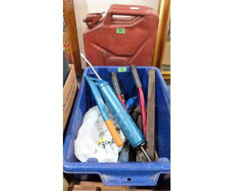 A box of tools and a War Department jerry can dated 1967