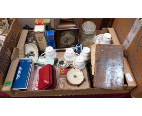 A box of sundries, the lot to include a walnut mantle clock