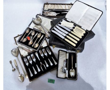 A quantity of cased and loose plated cutlery, the lot to include a silver spoon