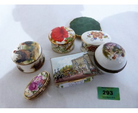 A Halcyon Days Bilston enamel 1977 jubilee box, five other boxes and a powder compact