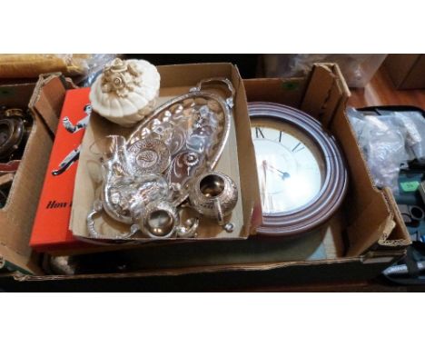 A collection of sundries to include a wall clock, metalware, ceramics and records