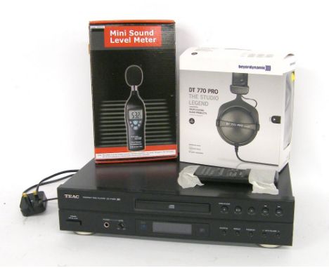 Beyerdynamic DT770 Pro audio headphones, boxed; together with a Teac CD-P1260 compact disc player and a mini sound level mete