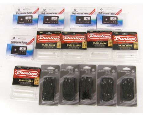 Five Planet Wave Metronome tuners, new and boxed; together with five Dunlop glass slides and five packs of Planet Wave elasti