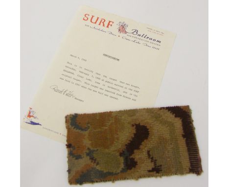 Buddy Holly - Piece of original carpet from the Surf Ballroom and Convention Centre, Clear Lake Iowa, 9" x 4.75", sold with a